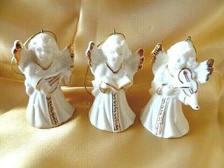 Angel Bell Ornaments - Set Of 3 Vintage Angels Playing Instruments; Gold Trim