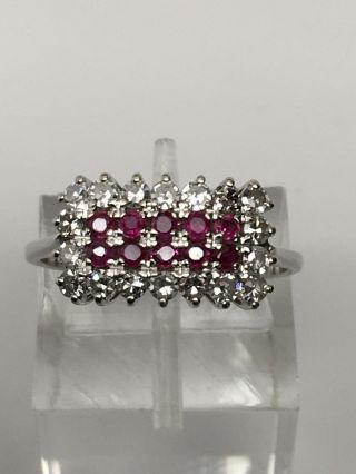 Vintage 14k White Gold Single Cut Diamond And Ruby Cluster Ring Size 5.  5