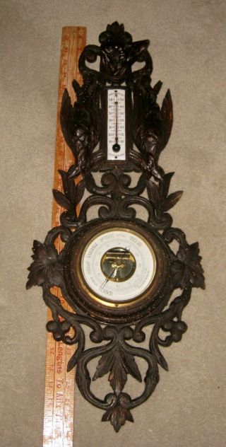 Old French Black Forest BAROMETER WEATHER STATION Hand Carved Hunting Dog Theme 3