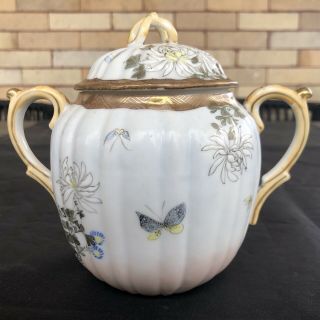 Vintage Porcelain Lidded Sugar Bowl Hand Painted Floral Butterflies