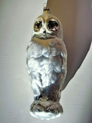 Owl Blown Glass Christmas Tree Ornament,  Silver - White,  7 " Tall
