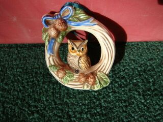 Owl Sitting In The Middle Of A Wreath Christmas Tree Ornament,  Ceramic