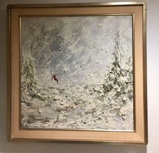 Vintage Signed Oil On Canvas Downhill Skier With Frame - Neiman Style