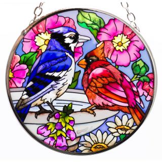 Spring Fling Cardinal & Blue Jay Bird Suncatcher Hand Painted Glass By Amia 3.  5 "