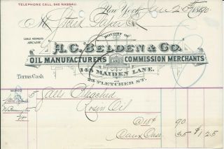 1890 York Ny A G Belden & Co Oil Mfrs/commission Merchants Billhead