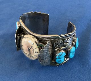 Signed Heavy Vintage Navajo Cuff Bracelet Bulova Watch L Turquoise Sterling