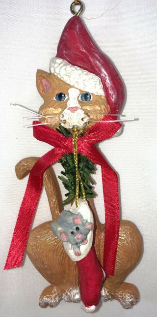 Kurt Adler Orange Cat Christmas Ornament Holding Mouse In Stocking Santa Hat