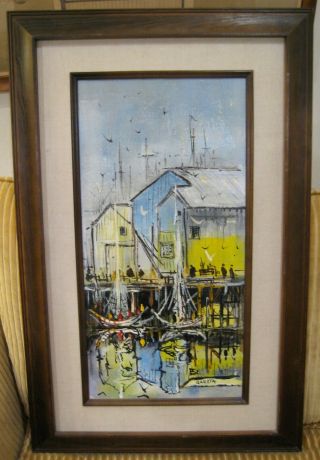 Danny Garcia - Acrylic On Linen Painting - Dock And Boats - 1970 Signed