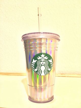 Starbucks Grande Iridescent Double Walled Acrylic Cold Cup Tumbler With Straw