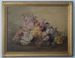 19th Century American School Still Life " Bowl Of Chrysanthemums " Painting Framed