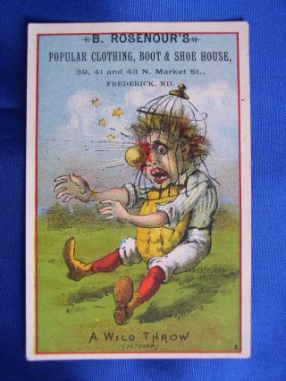 Early Frederick Md - B.  Rosenour`s " A Wild Throw " Baseball Business Trade Card