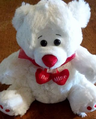 Adorable “be Mine” Stuffed Plush Teddy Bear,  White With Red Accents,  10 X 10 In.