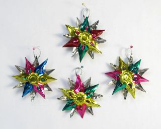 Handmade Tin Christmas Stars - Set Of 4 Multicolor Ornaments,  Oaxaca,  Mexico.