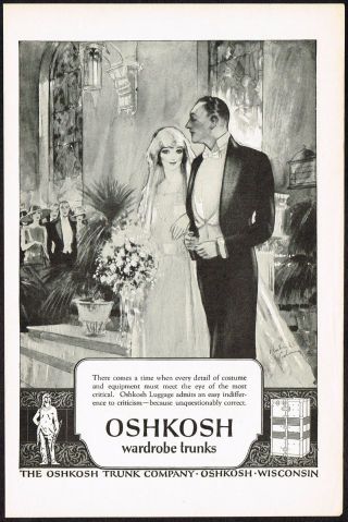 1920s Vintage Oshkosh Luggage Trunk Woolman Wedding Bride Bridal Art Print Ad