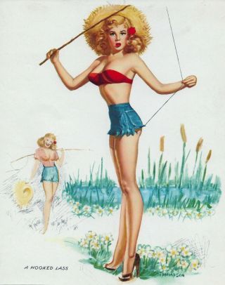 1950s Pin Up Girl Lithograph By Thompson A Hooked Lass 323