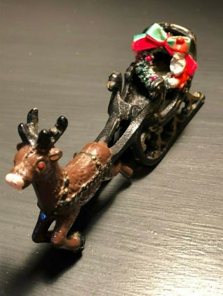 Primitive Folk Art Cast Iron Santa Sleigh Sled Reindeer Bottle Brush Wreath