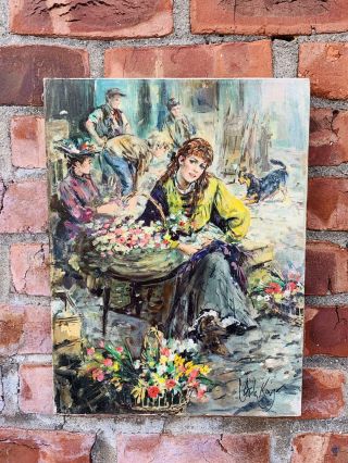 U.  K.  Artist Gordon King Signed Oil Painting.  The Flower Seller Street Vendor.