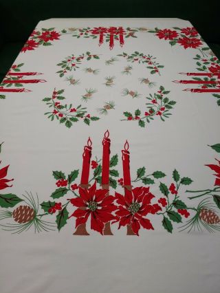 Vintage Cotton Christmas Tablecloth Candles,  Poinsettia,  Pinecones,