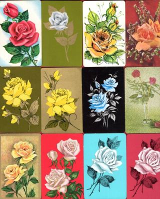 12 Single Swap Playing Cards Roses Yellow White Red Blue Vintage Deco