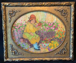 C.  1960s Mildred Barrett Framed & Signed Oil On Canvas Painting - Flower Woman