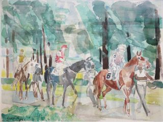 Paul Froelich - Pafa Philadelphia Modernist - Signed Wc - Horse Race - 1962