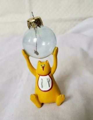 Loose Vintage " Cat With Bib Holding A Fish Bowl " Christmas Ornament