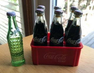 1995 Coca - Cola Mini Glass Coke Bottles 6 Pack & One Sprite Metal Caps