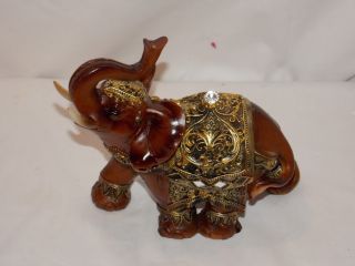 AFRICAN ASIAN BROWN & GOLD LUCKY ELEPHANT DECORATIVE STATUE FIGURE TRUNK UP 2
