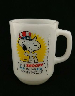 Vintage Snoopy For President Mug 1980 3 Milk Glass Fire King Anchor Hocking