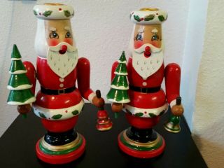 Vintage Hand Turned Wooden Santa Claus Nutcracker Candle Holders
