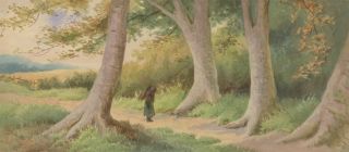 1976 Watercolour - Figure Carrying Wood In An Autumnal Landscape