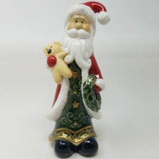 Ceramic Santa Claus Figurine 7 " Wreath Teddy Bear Christmas Holiday Decor