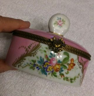 Limoges France Peint Main Hinged Trinket Box Pink Oval W.  White Gold Green Blue