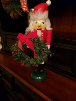 Wooden Nutcracker Santa With Christmas Wreath 14 " Tall