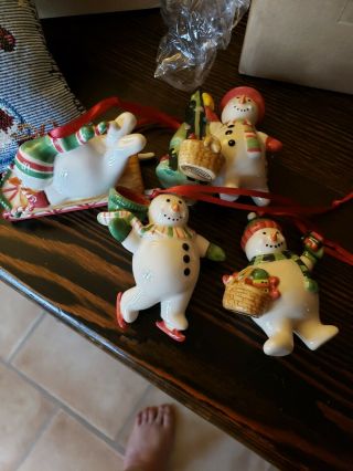 4 Longaberger Bluster Trimming Snowman Holiday Ornaments 2004 And Door Pillow