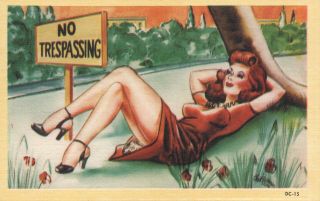 Vintage Comic Risque Sexy Lady Lying Back On Lawn Postcard - As