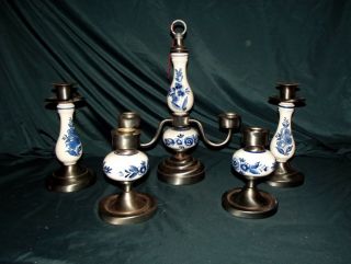 Set Of 5 Delft Blue White Porcelain And Metal Candle Holders Dual Light Single