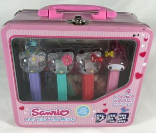Pink Sanrio Hello Kitty & My Melody Pez Dispensers & Candy In Tin Lunch Box