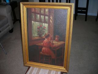 Vintage Framed Oil Painting Canvas " A Young Girl At Table " Sign Eug Vail Antique