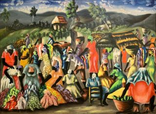 Charles Obas 20th C.  Haitian Naive Folk Art Painting Haiti Village Market Scene