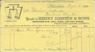 1880 Philadelphia Pa Henry Disston & Sons Keystone Saw/steel Billhead Graphic
