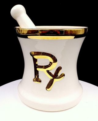 Rx Apothecary Ceramic 2 Pc White & Gold Mortar & Pestle 7 3/8 " Display Set