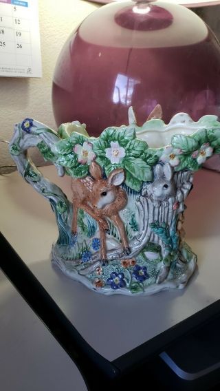 Fitz and Floyd RETIRED Classics Woodland Spring Pitcher,  Deer Fawn Owl Floral 2