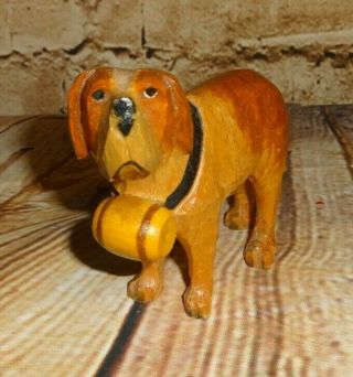 Vintage Hand Carved Wooden Saint Bernard Puppy Dog Figure With Keg Barrel