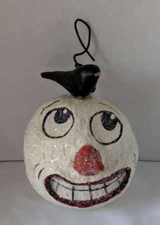 Handmade Primitive Snowman & Crow Christmas Tree Ornament Dated & Signed