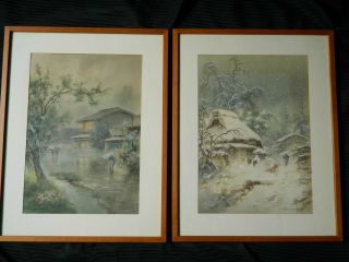 Japanese Watercolors Large Pair Fukutaro Terauchi 20th Century Listed Artist