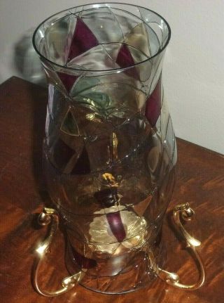 Partylite Mosaic Calypso Hurricane Shade Stained Glass,  Gold Taper Candle Holder