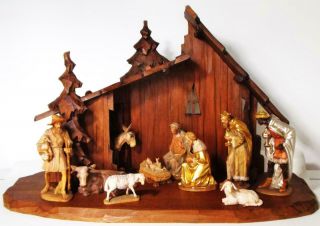 Vintage Kuolt Christmas Nativity Set Hand Carved Painted Wooden Figures & Stable
