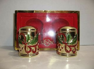 Lenox Holiday Nouveau Salt And Pepper Shakers Gold Mib Holly Leaves Berries