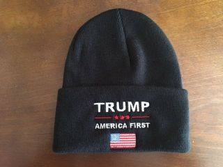 Trump America First Embroidered Black Beanie Cap Hat With Usa Flag